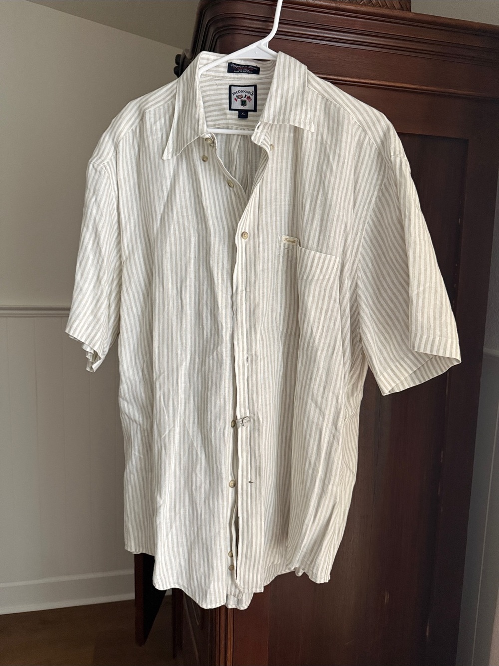Faconnable Cream and Beige Striped Short-Sleeve Button-Down Shirt